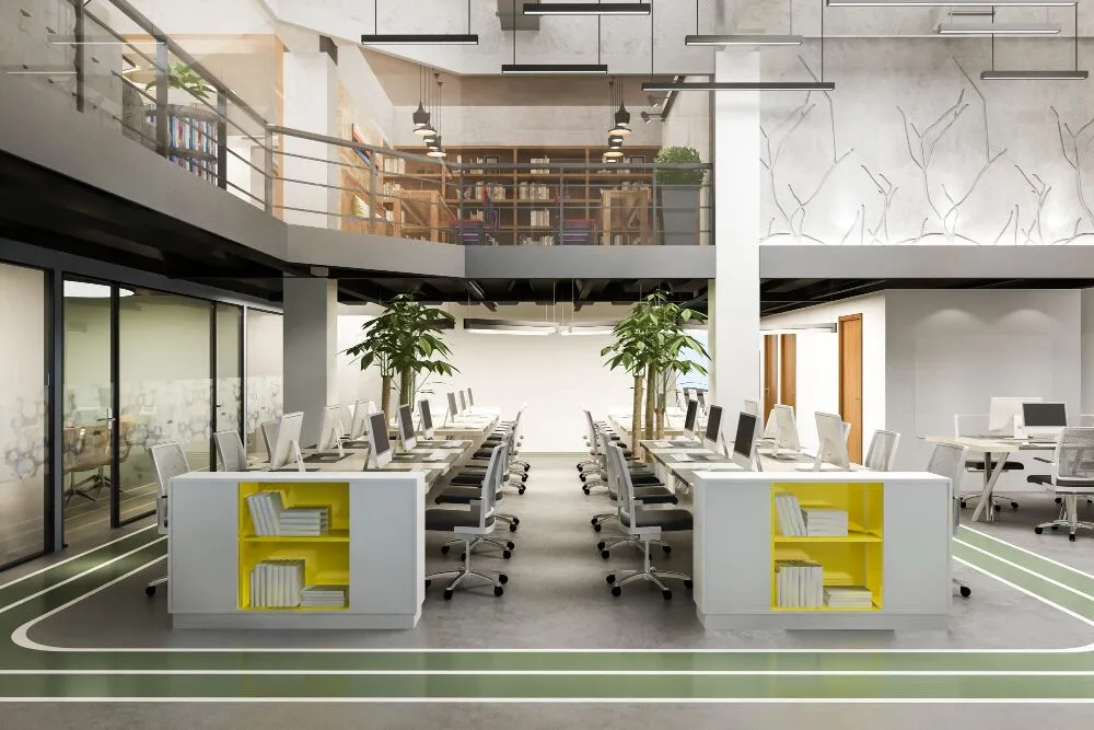Office interior with white walls, neutral finishes, and yellow accents by a painting company in Dallas, OR