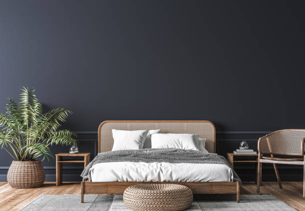 Bedroom with deep charcoal paint and crisp white trim by a house painter in Tangent, OR.