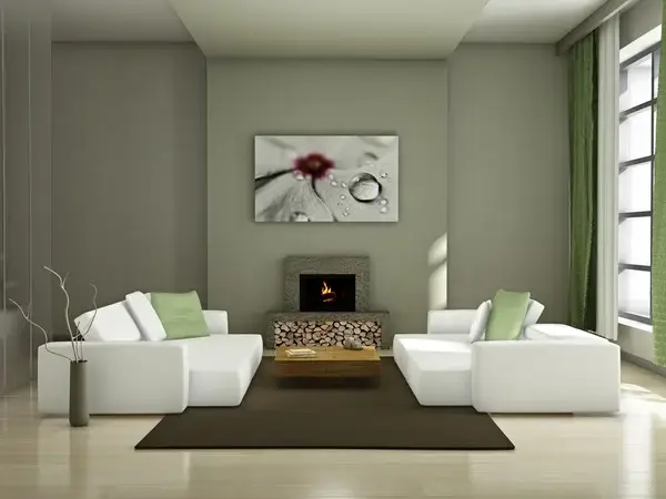 Modern living room with calming sage green and neutral gray paint by an interior painter in Monmouth, OR.